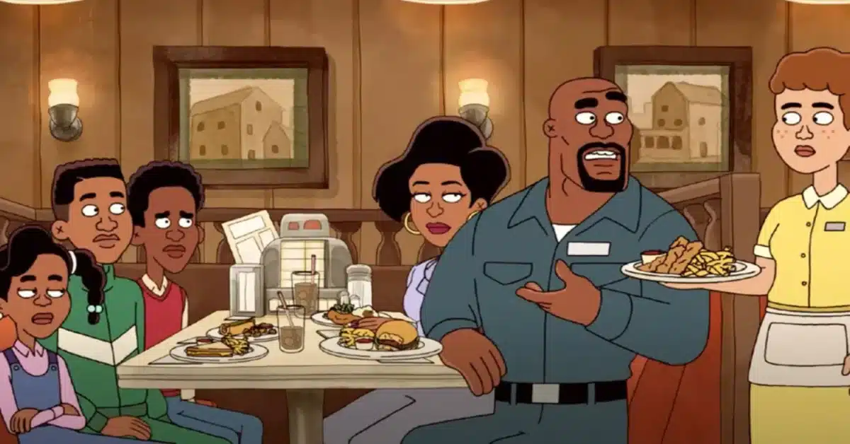 Descrição da imagem: família de Chris sentada a mesa de um restaurante e a garçonete trazendo o prato. Animação de "Todo Mundo Odeia o Chris" • Reprodução.