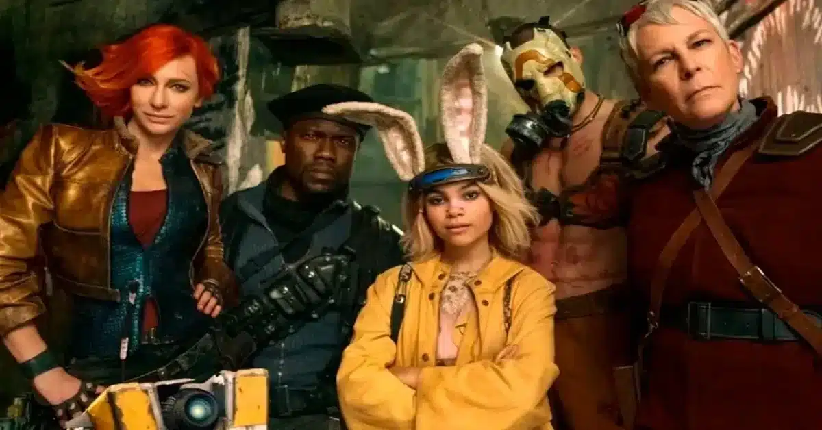 Descrição da imagem: Uma ruiva, um negro, uma loira com orelhas de coelho, um homem de máscara e um loiro estão olhando para frente, compondo a capa do filme. "Borderlands: Destino do Universo Está em Jogo" é uma adaptação de um jogo eletrônico • Divulgação/Paris Filmes.