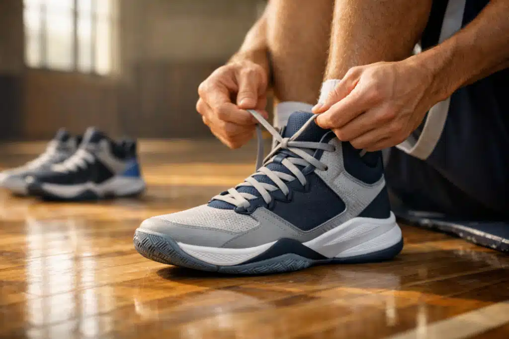 Pessoa amarrando um tênis de basquete ao lado da quadra, com a sola e o ajuste do calçado em destaque.