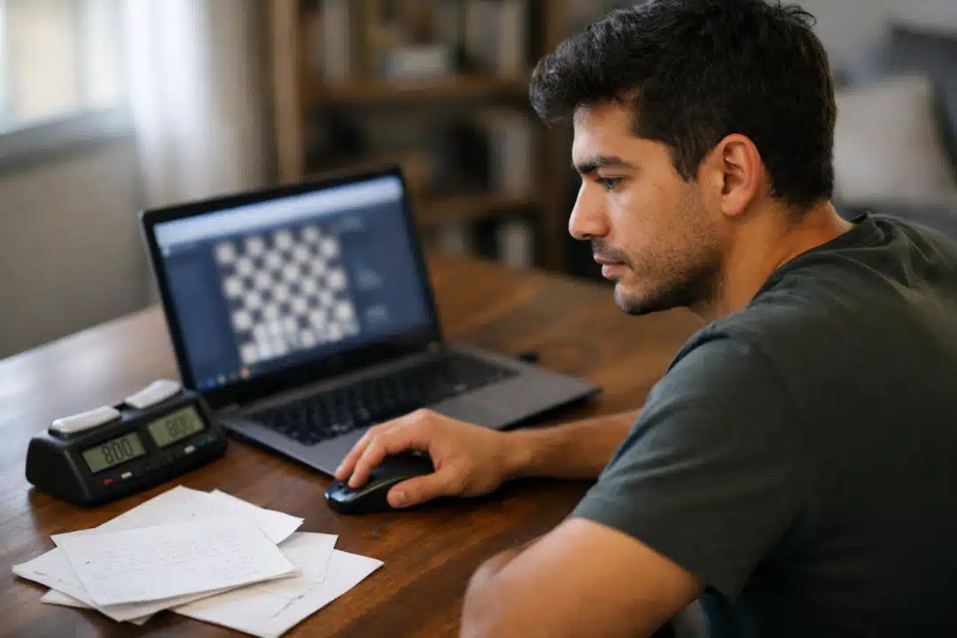 Pessoa jogando xadrez online em frente ao notebook, com relógio digital e caderno ao lado. A cena mostra concentração durante a partida.