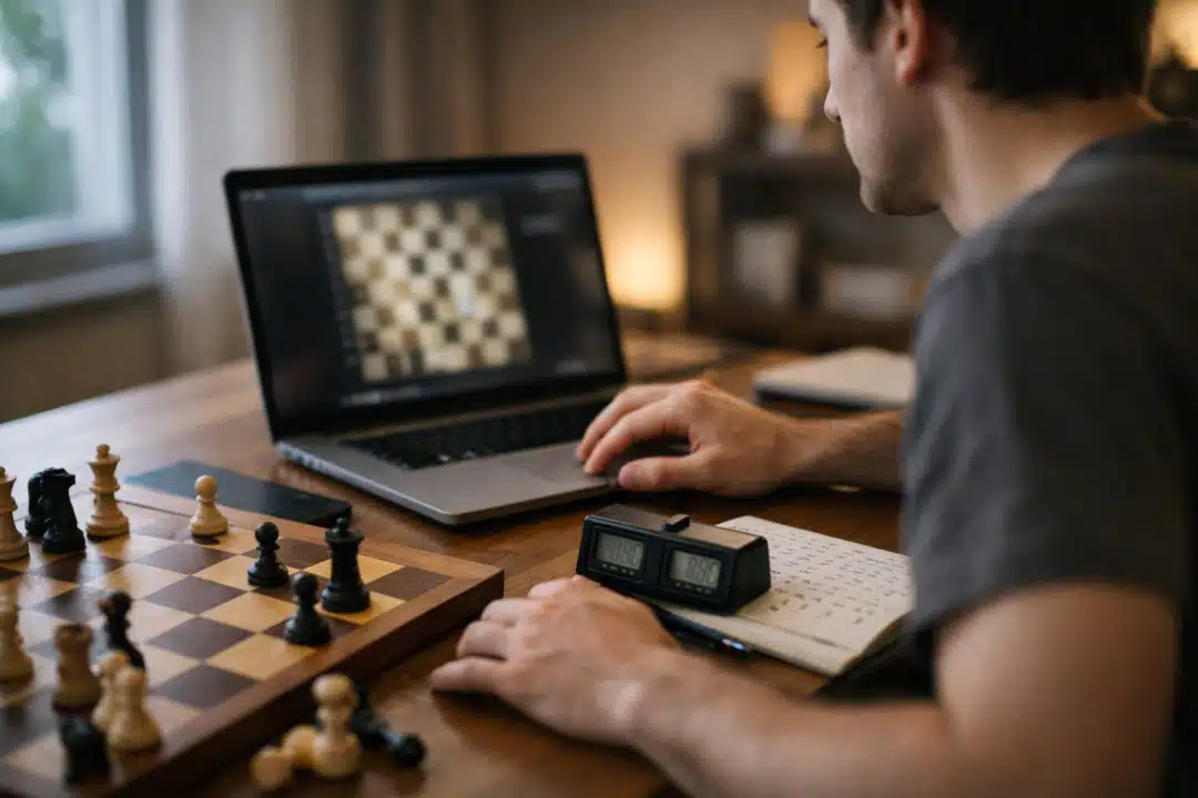 Uma pessoa joga xadrez online em um notebook ao lado de um tabuleiro físico e um caderno de anotações. A cena mostra concentração e estudo durante a partida.