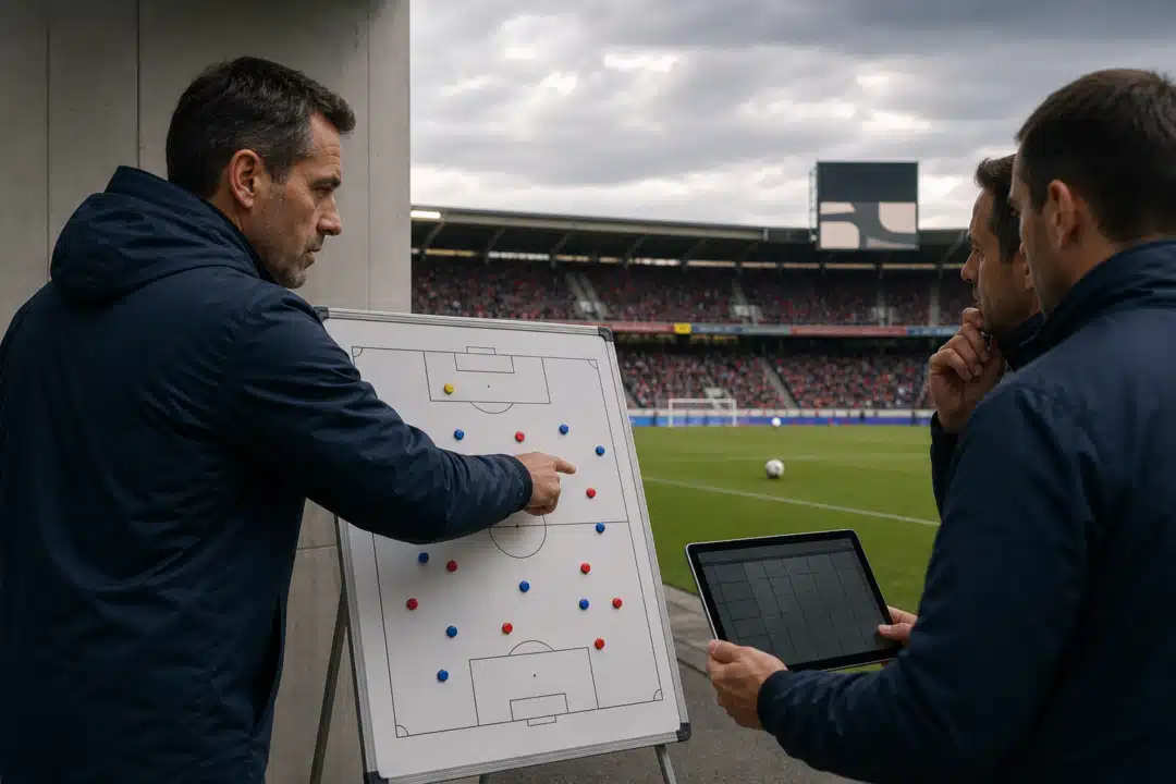 World Cup qualifiers analysis with a coach studying standings and tie-breakers beside the pitch.