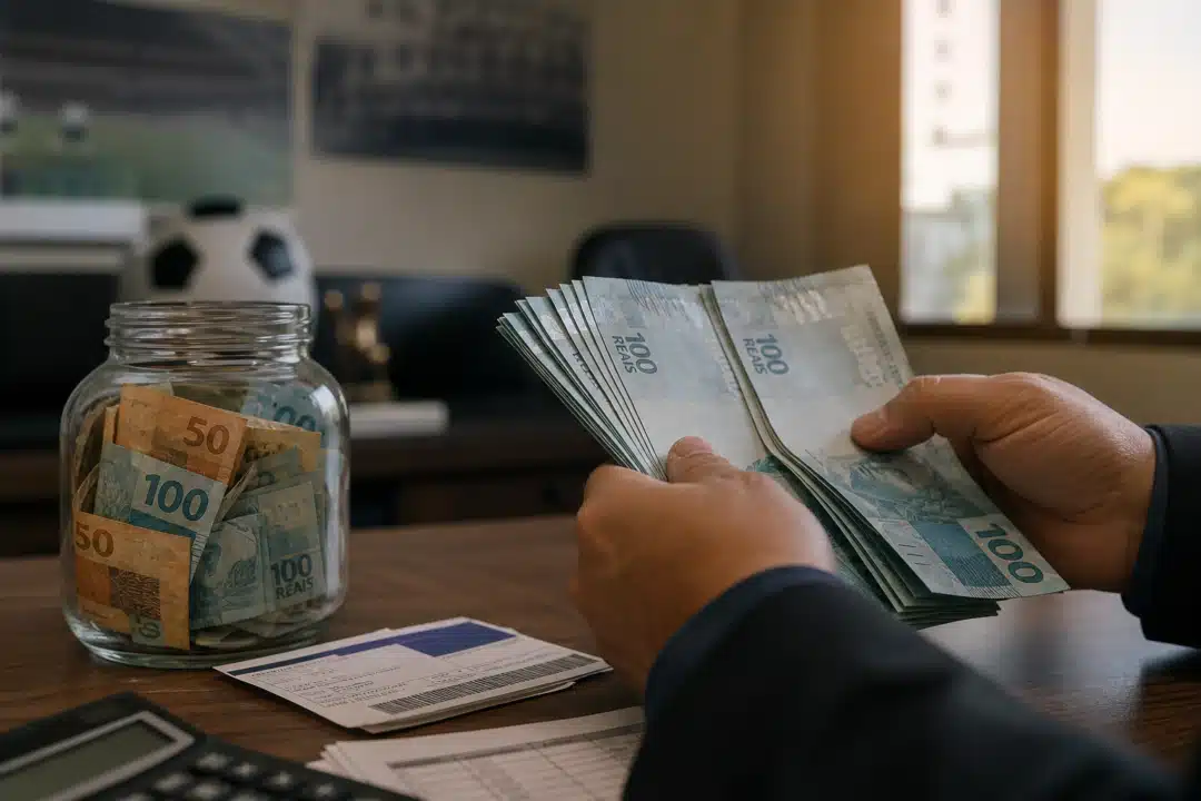 Premiação no caixa do clube Premiação da Copa do Brasil ao lado de notas de real e um pote com dinheiro no caixa do clube.